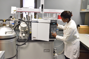 The Gas Chromatography-Mass Spectrometry (GC-MS) instrument is able to identify different substances within a test sample